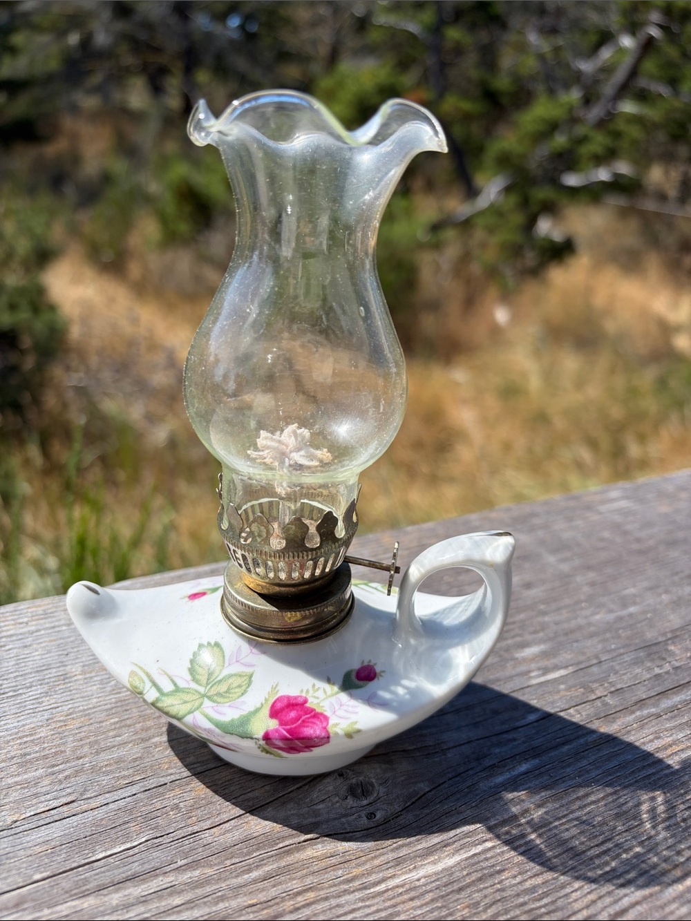 Vintage Mini Floral Porcelain Oil Lamp - Pink Rose